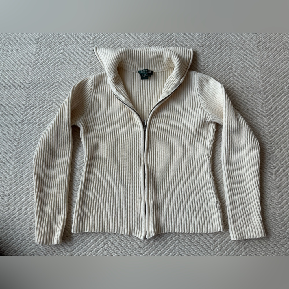 Vintage Lauren Ralph Lauren Cream Ribbed Women's Collared Sweater Zip Up sz M